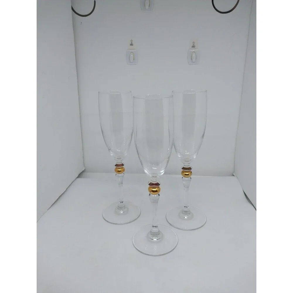 3 Champagne Flutes Cortina Gold Wafer in Stem by Cristal D'Arques-Durand